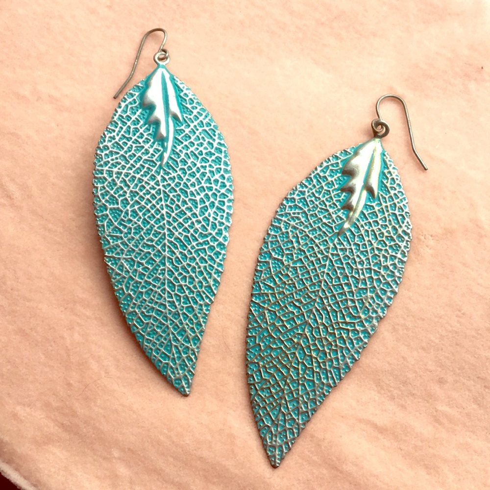 Teal and silver/gold leaf earrings